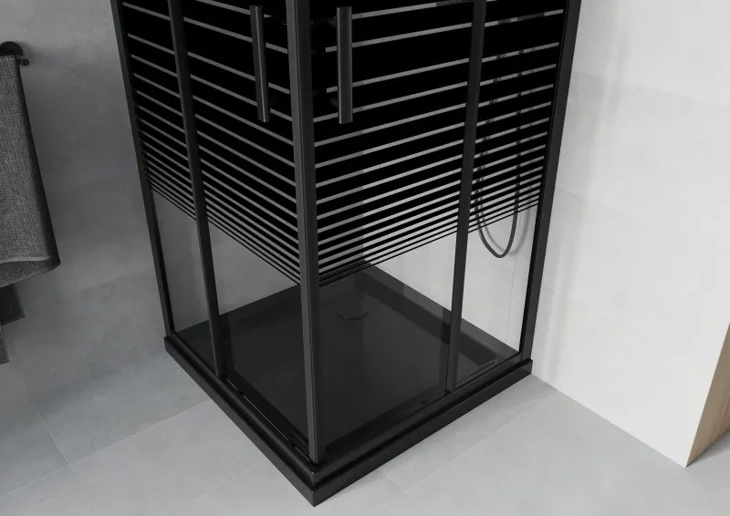 Mexen Rio cabine de duche quadrada 70 x 70 cm, riscas pretas, preto + base de duche Flat, preto - 860-070-070-70-20-4070B
