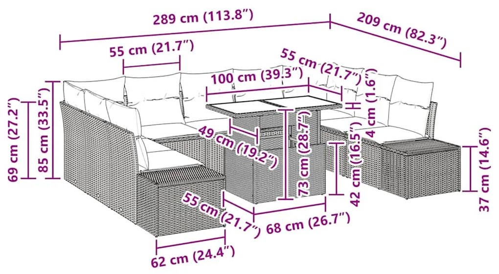 Conjunto de Sofás de Jardim com 10 Peças e Almofadas Bege de Rattan Si