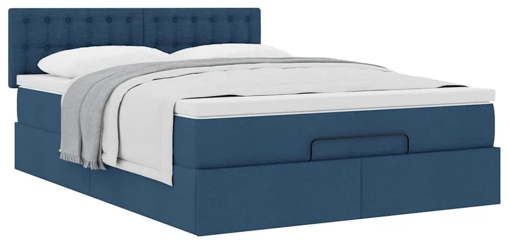 Estrutura de cama otomana com colchão tecido azul 140x200cm