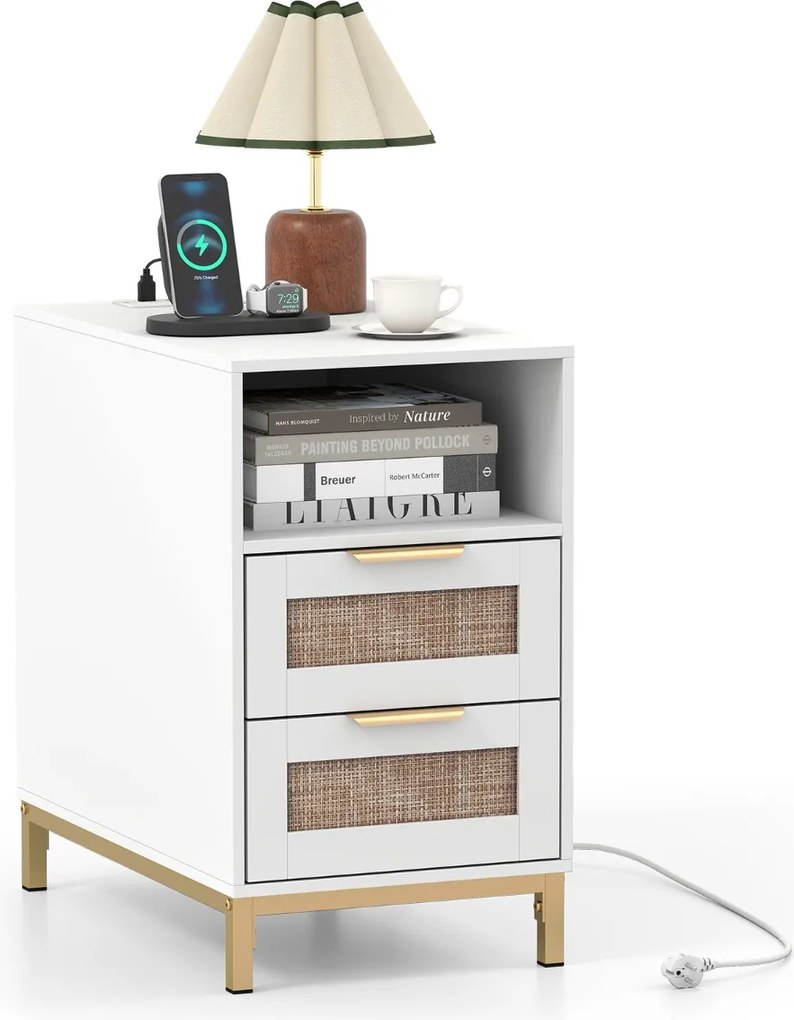 Mesa de cabeceira, Mesa apoio 60 x 35 x 61 cm em rattan com estação de carregamento e 2 gavetas estilo boho branco e dourado