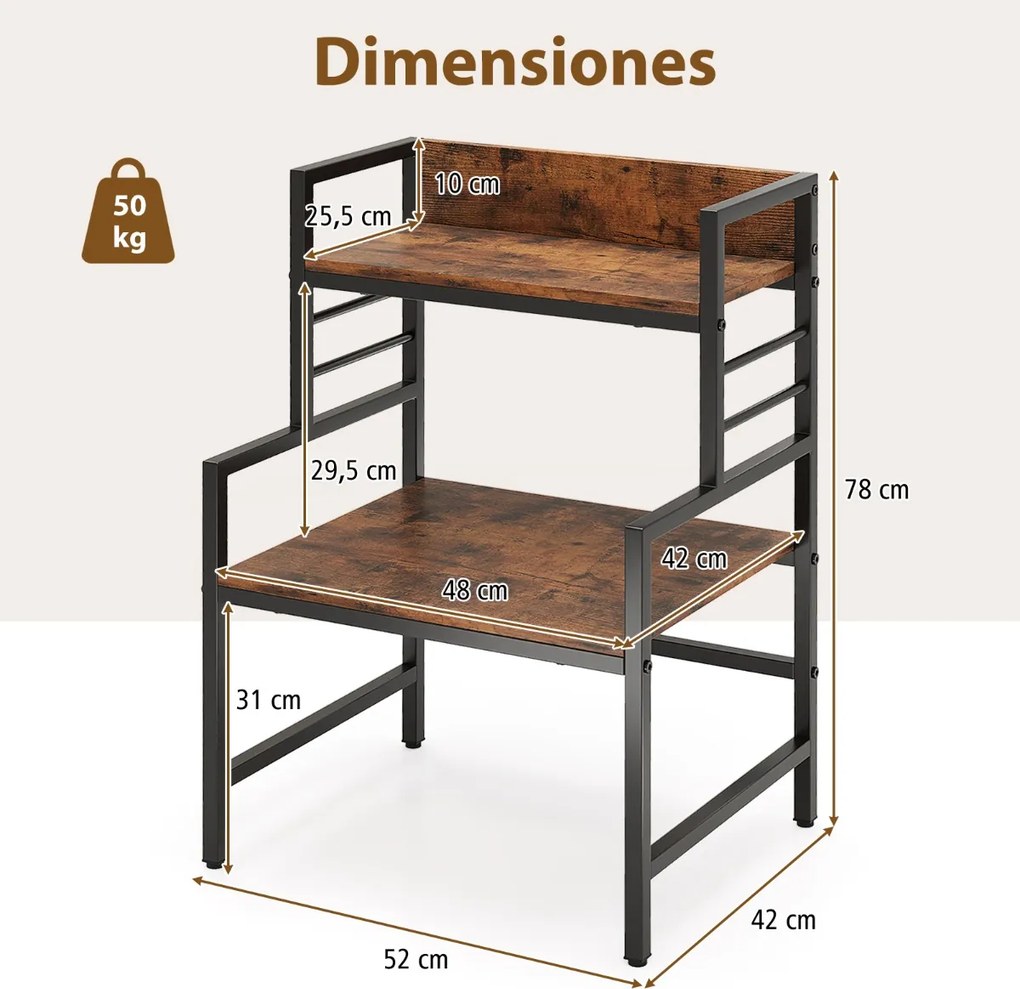 Prateleira de 3 níveis para micro-ondas de cozinha com 2 Estantes Barra de metal para poupança de espaço Castanho