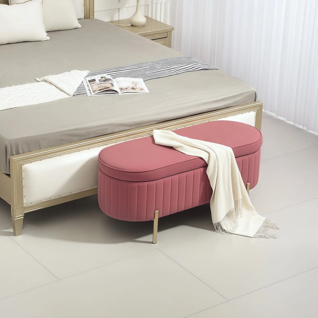 Banco de arrumação, baú de veludo com tampa, pés de metal, capacidade de 72 L, 108 x 44 x 43,5 cm, rosa