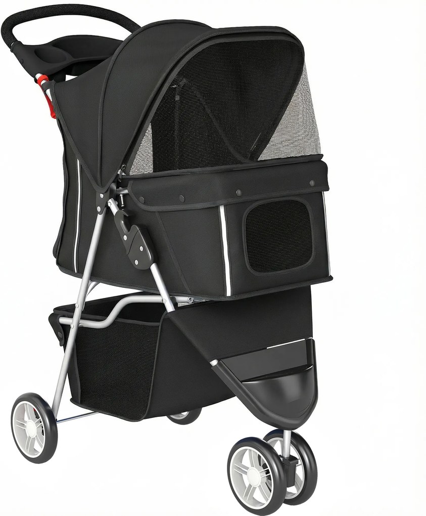 PawHut Carrinho para Cães Pequenos com Cesto de Armazenamento Janelas de Rede e Cinto de Segurança 77x44x102 cm Preto | Aosom Portugal