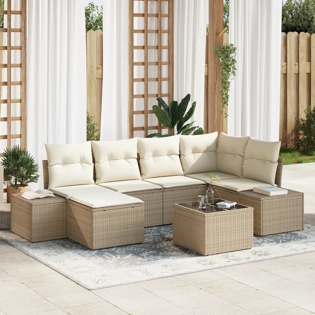 Conjunto de Sofá de Jardim com 7 Peças com Almofadas Marrom Vime PE