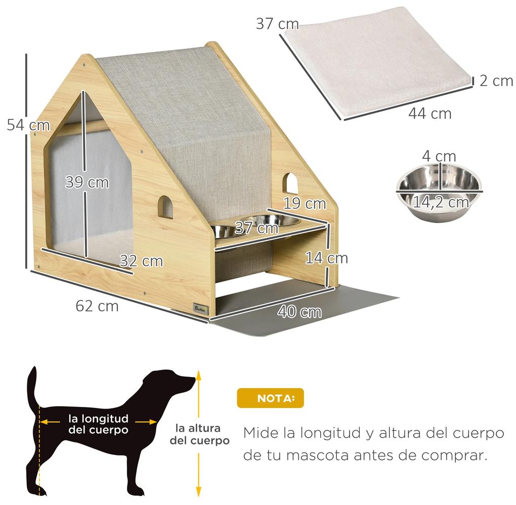 Casa para Cães de Madeira Casa de Interior para Cães com Comedouro 2 Tigelas de Aço Inoxidável e Almofada Suave Removível 62x40x54cm Carvalho e Cinza