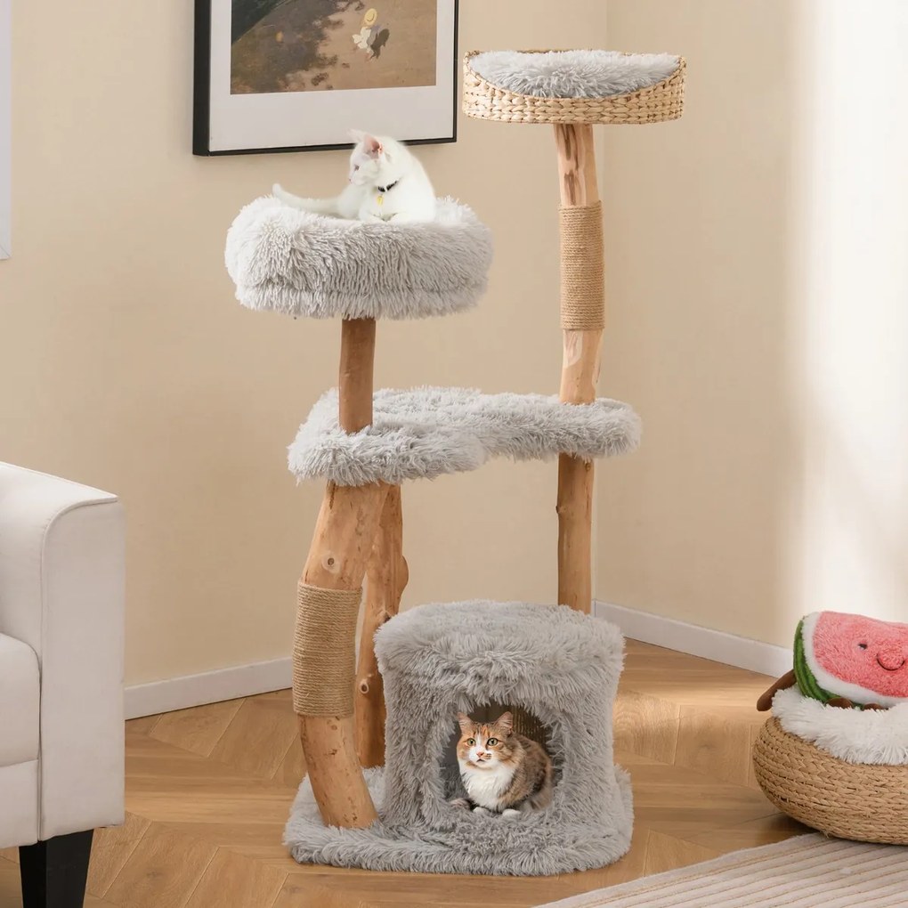 Arranhador Gatos de 124 cm de altura feito de madeira com caverna para gatos, superfície de assento em pelúcia cinzento