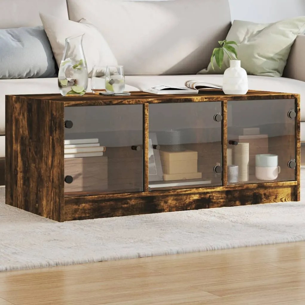 vidaXL Mesa de centro c/ portas de vidro 102x50x42 cm carvalho fumado