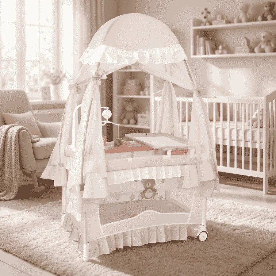 Berço de viagem dobrável para bebés de 0 a 36 meses com toldo Trocador Brinquedo Rodas com travões Saco de transporte Rosa claro