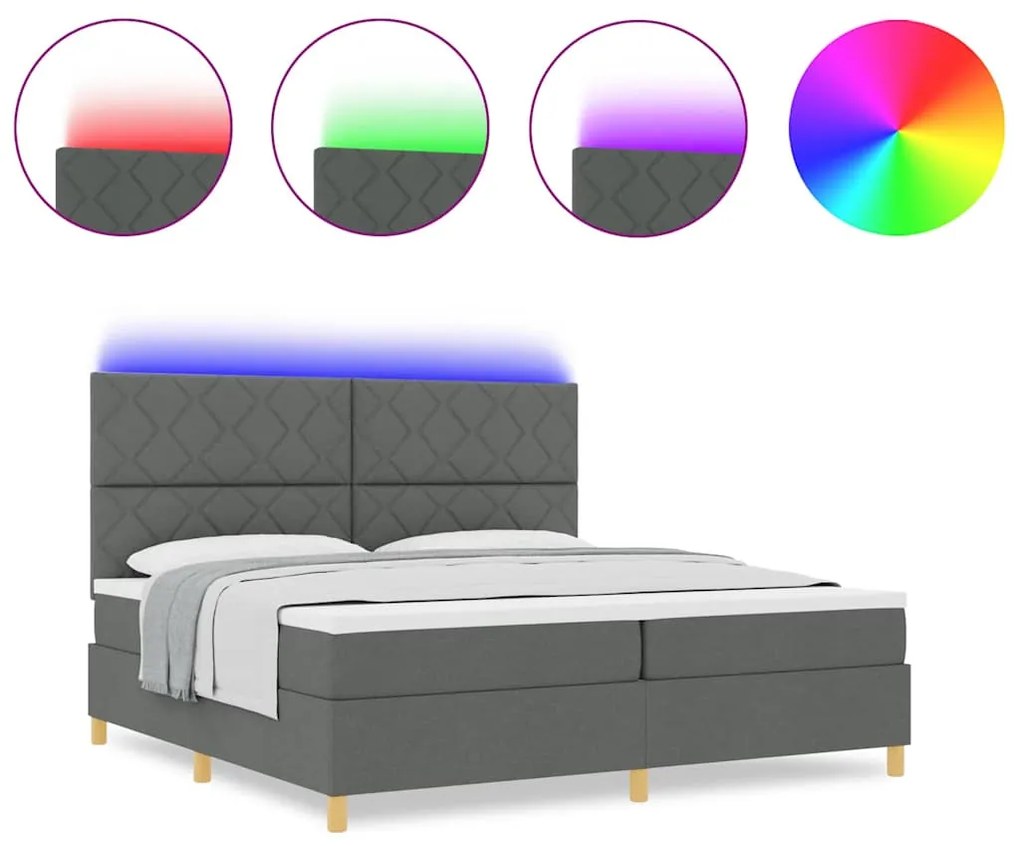 Cama Box Spring com Colchão e LED Cinza Escuro 200x200 cm Tecido