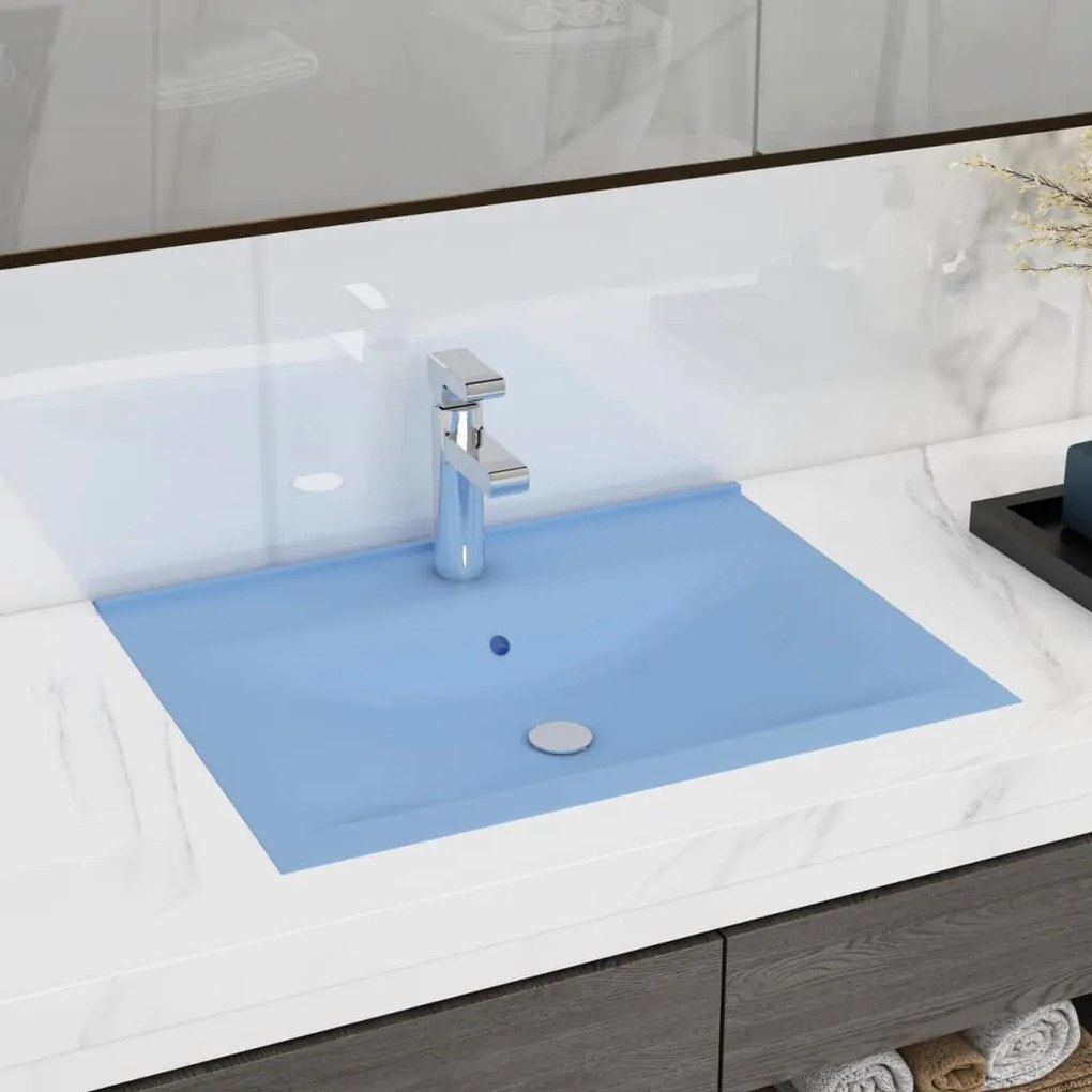 147022 vidaXL Lavatório c/ orifício torneira 60x46cm cerâmica azul-claro mate
