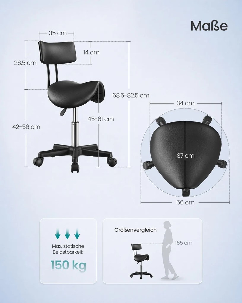 Banco de sela em couro PU , regulável em altura, 56x56x68,5-82,5 cm preto