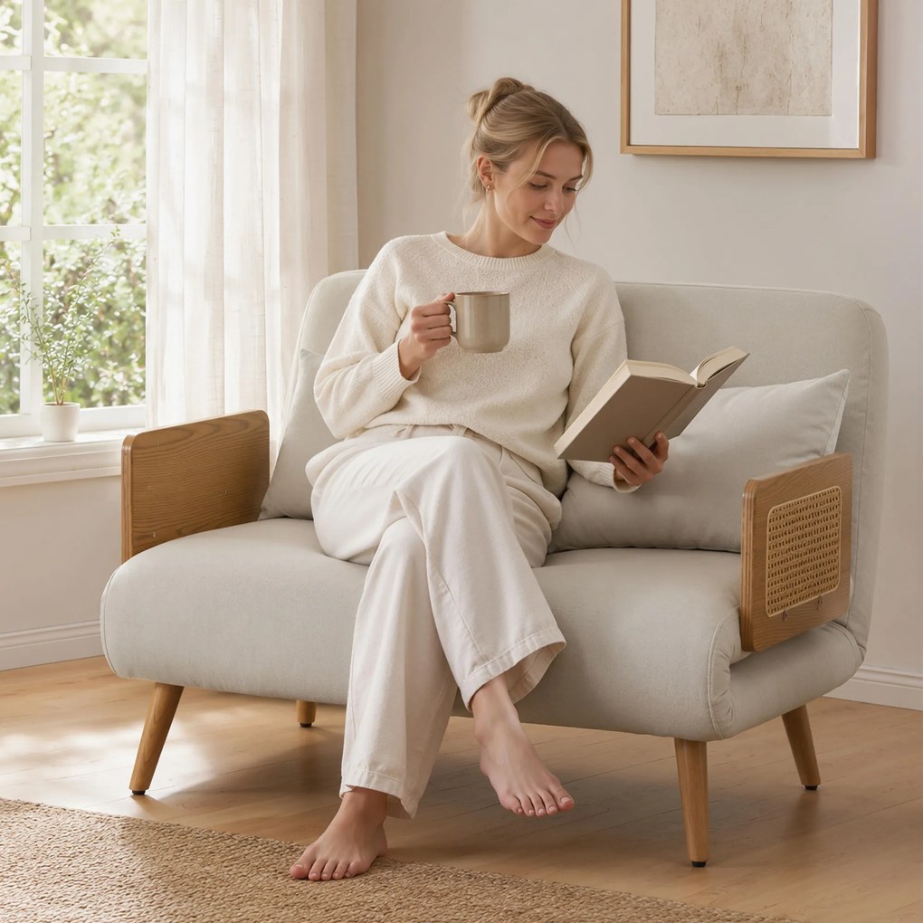 Sofá-cama de 2 lugares pequeno 103 L x 78 P x 82 A cm, 3 em 1 em chenille de 103 cm, encosto ajustável, 2 almofadas, braços em madeira, creme