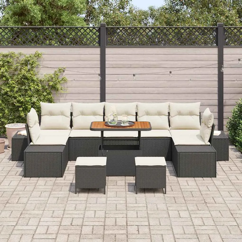 Sofá de Jardim em 10 Peças com Almofadas Polyrattan Preto e Acácia