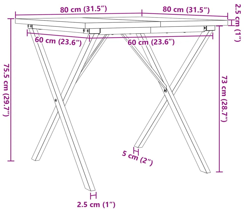 Mesa de jantar estrutura em X 80x80x75,5 cm pinho/aço