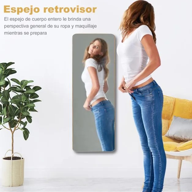 Espelho de corpo inteiro montado na parede em bambu com 2 ganchos para corredor, sala, quarto 100 x 35 cm Natural