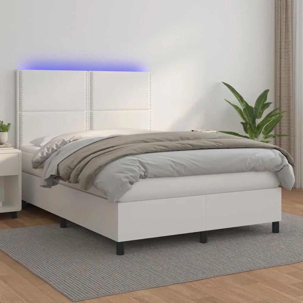 vidaXL Cama box spring c/colchão/LED 140x200cm couro artificial branco