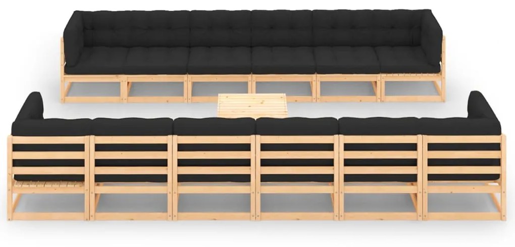 vidaXL 13 pcs conj. lounge jardim c/ almofadões antracite pinho maciço