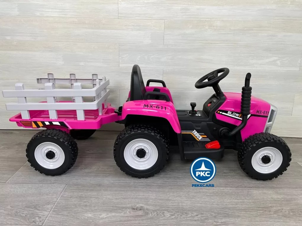 Trator Eléctrico para Crianças Peketrac 5100 12V Com reboque e rodas de Borracha Rosa