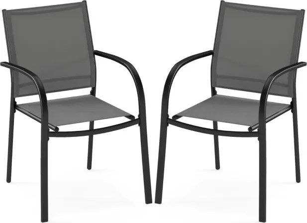 Conjunto de 2 cadeiras de jardim empilháveis de metal com assento e encosto respiráveis para jardim, piscina, varanda Cinza