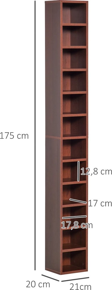 Organizadores para CD e DVD, estante vertical, móvel de arrumação com 12 compartimentos, capacidade máxima de 204 CD, 21 x 20 x 175 cm, castanho