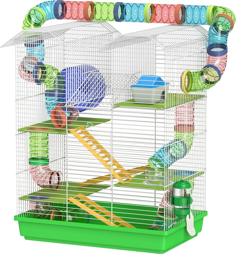 Gaiola para hamsters, ratos e pequenos roedores com túnel, comedouro, roda e brinquedo – 47 x 30 x 59 cm – verde