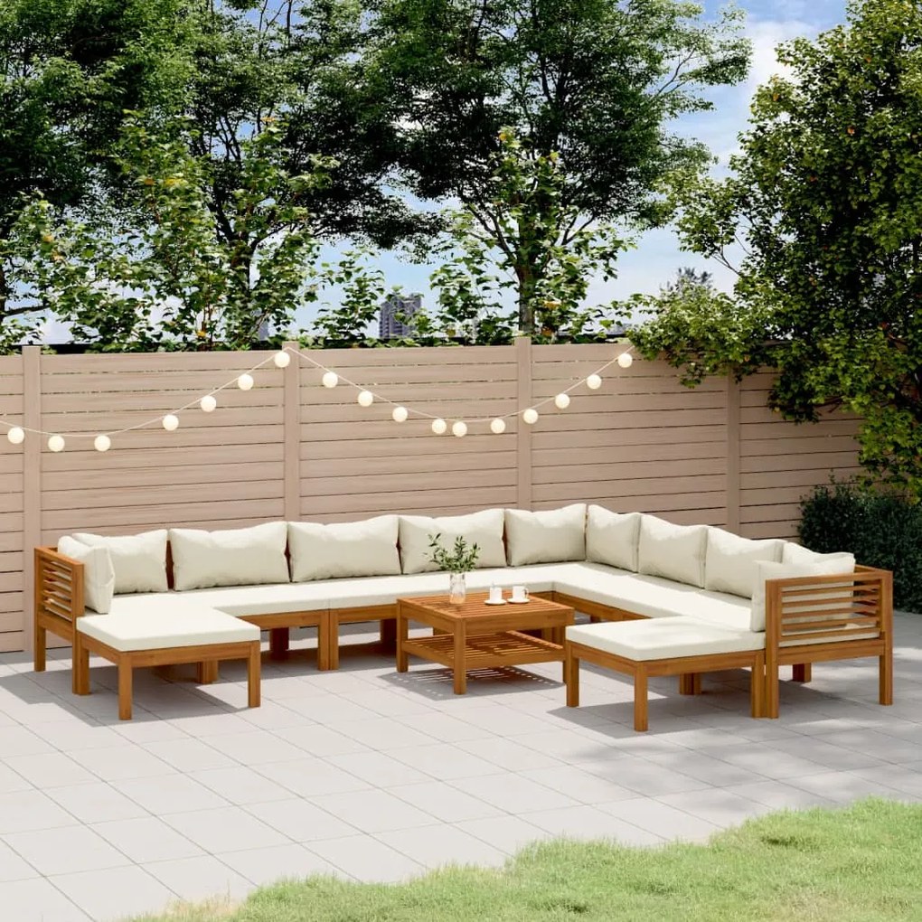 vidaXL 11 pcs conjunto lounge jardim c/ almofadões creme acácia maciça