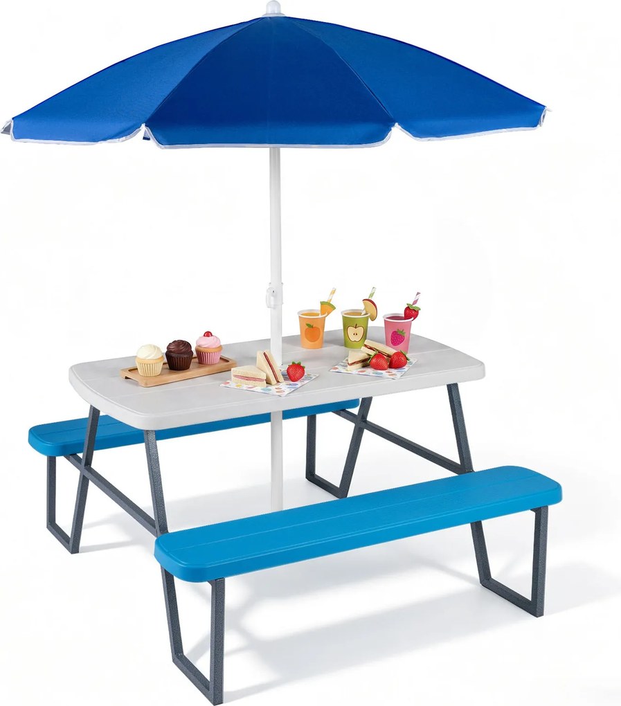 Mesa de Piquenique Infantil com 2 Bancos Integrados, 102 x 100 x 150 cm, Guarda-sol Removível e Ajustável, Azul