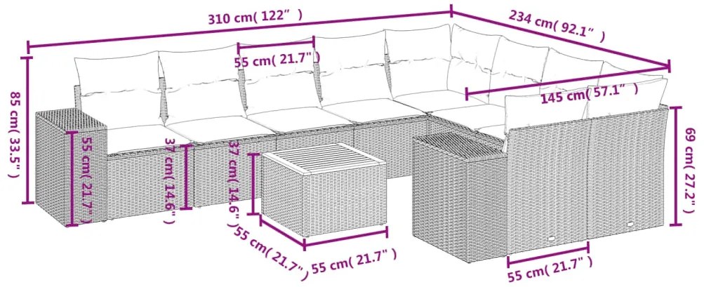 10 pcs conjunto sofás de jardim c/ almofadões vime PE preto