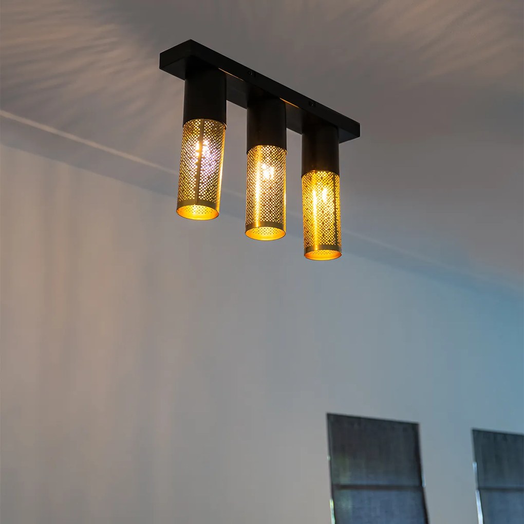 Luminária de teto industrial preto com dourado oblongo 3 luzes - Raspi