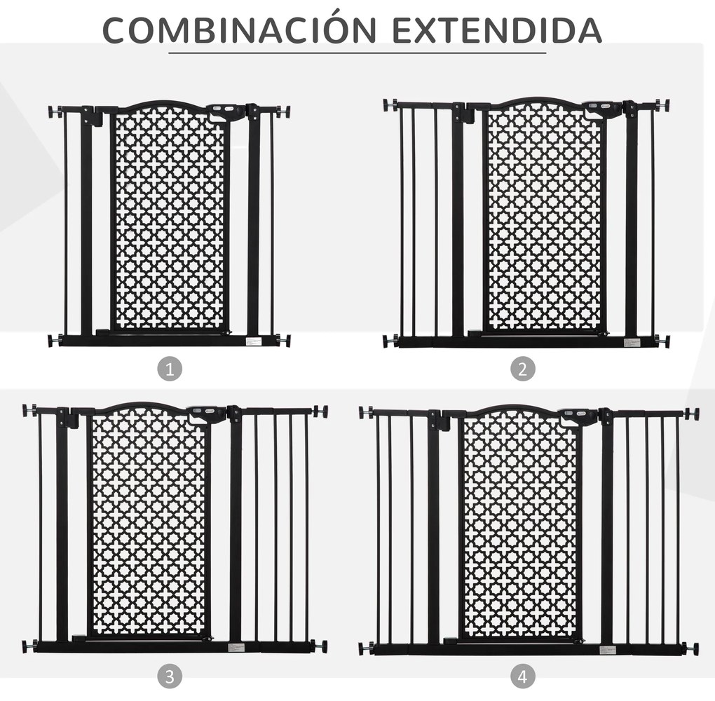 PawHut Barreira de Segurança para Cães Animais de Estimação para Portas Escadas Corredores 74-105cm com 2 Extensões de 10/15cm com Porta e Fechadura Automática Aço Preto