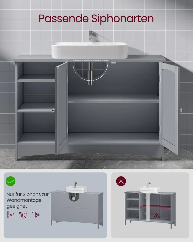 Armário de casa de banho extra longo 30 x 90 x 60 cm com 2 portas (lavatório não incluído) Cinzento 
