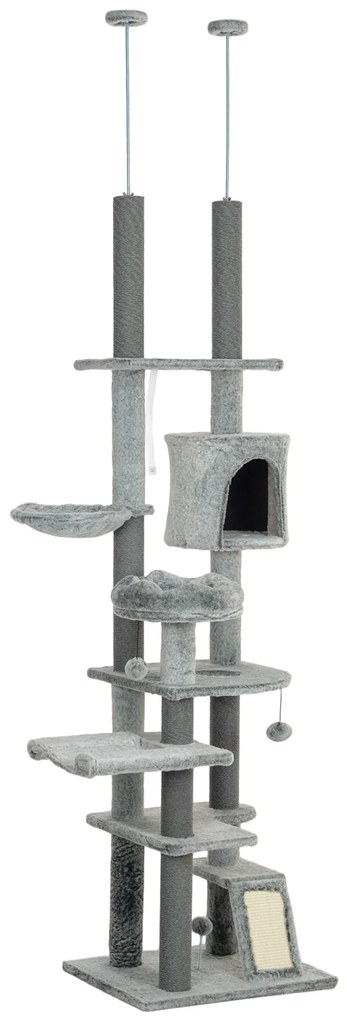 PawHut Arranhador para Gatos de Solo ao Teto com Altura Ajustável Rampa e Bolas de Brincar 60x48x225-255 cm Cinza