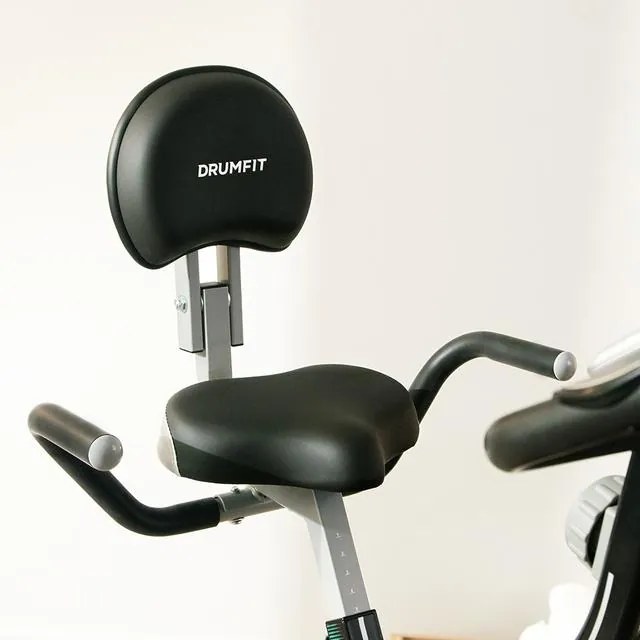 Bicicleta estática ergométrica dobrável DrumFit X-Bike Neo Pro com encosto. Ecrã LCD. Resistência magnética variável. Selim confortável com encosto e