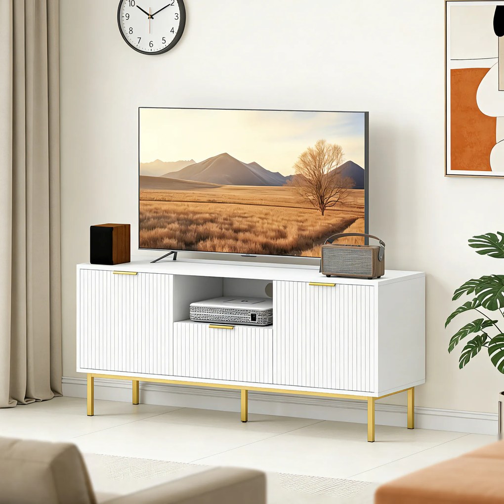 Móvel para televisão 120 x 39 x 54 cm, para televisão de 50 polegadas com 2 portas com fecho suave, gaveta e compartimento aberto, branco