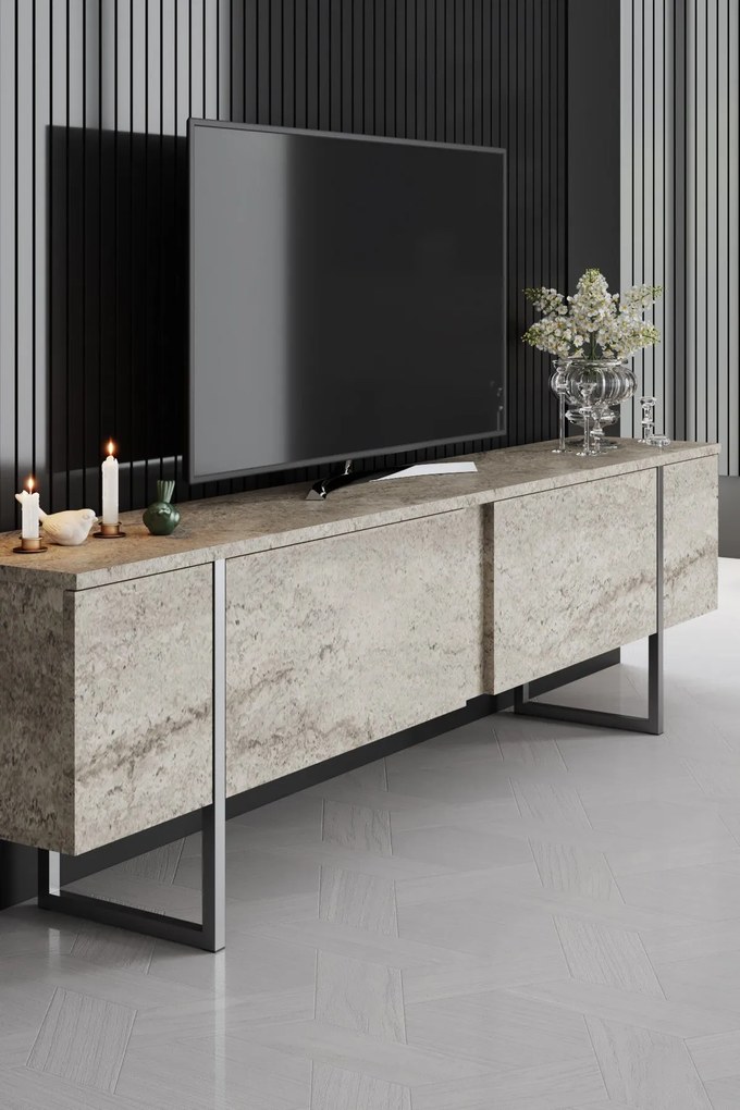 Móvel de TV "Madrid" - Travertino Mármore e Prata - 180x50x30cm - Desi