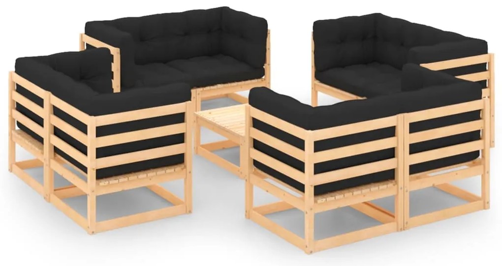 9 pcs conjunto lounge de jardim c/ almofadões pinho maciço