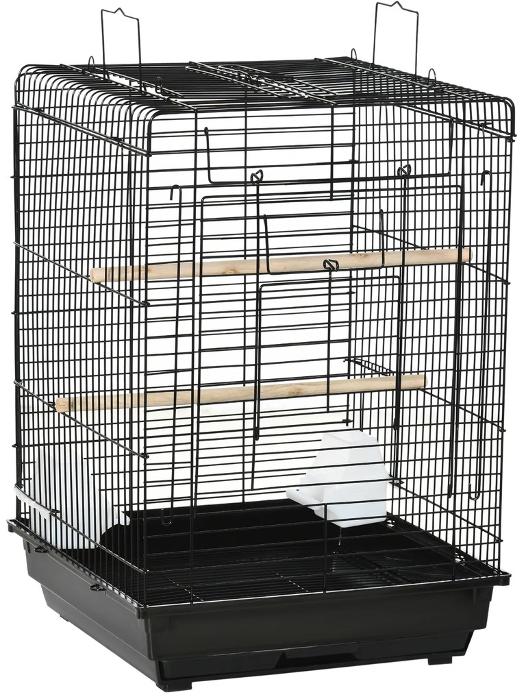 PawHut Gaiola para Pássaros com Teto Abatível 2 Poleiros 2 Comedouros e Bandeja Amovível para Canários Periquitos 40x40x59 cm Preto