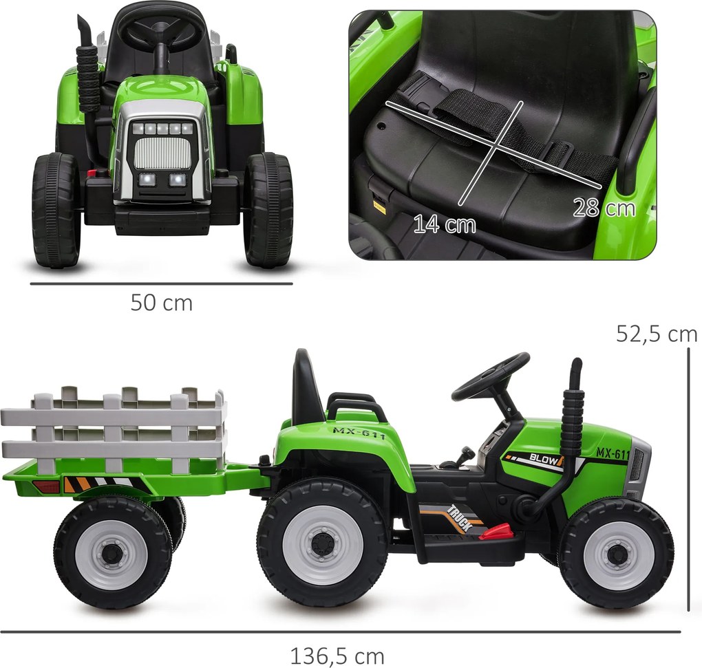 Trator Elétrico com Reboque Amovível com Controlo Remoto Música MP3 Luzes e Cinto de Segurança 136,5x50x52,5 cm Verde