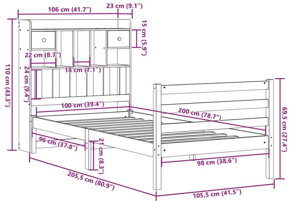 Cama c/ estante sem colchão 100x200cm pinho maciço castanho-mel