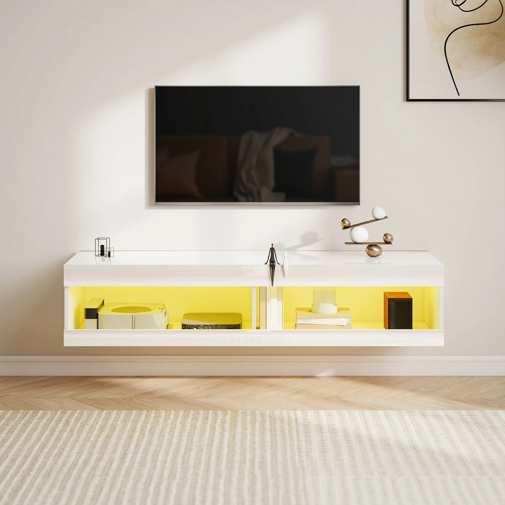 Móvel de TV Suspenso com Luzes LED com Controlo Remoto Compartimentos Orifício Passa-Cabos 140x40x30 cm Branco Brilhante