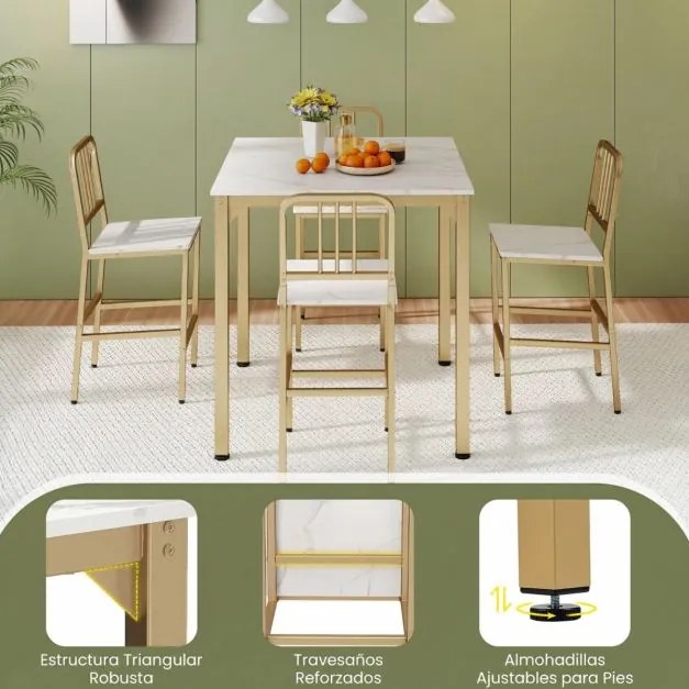 Conjunto de mesa de jantar alta e 4 bancos para 4 pessoas com tampo em imitação de mármore, mesa quadrada moderna branco