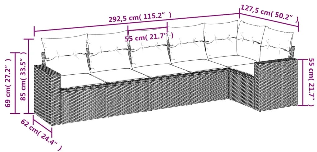 6 pcs conjunto de sofás p/ jardim c/ almofadões vime PE preto