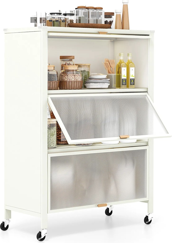 Estante de cozinha de 3 níveis com rodas com portas rebatíveis 81 x 37 x 115 cm branco