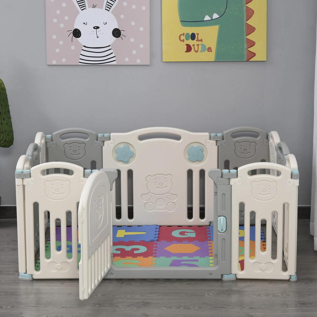 HOMCOM Parque infantil para bebês acima de 6 meses com porta dobrável 12 painéis Flexível 108x133x58 cm Cinza e Branco
