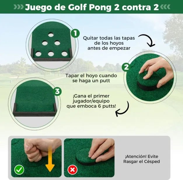 Jogo de Golf Tapete de 332 cm para Interior e Exterior com 2 Tacos Ajustáveis 6 Bolas Verde