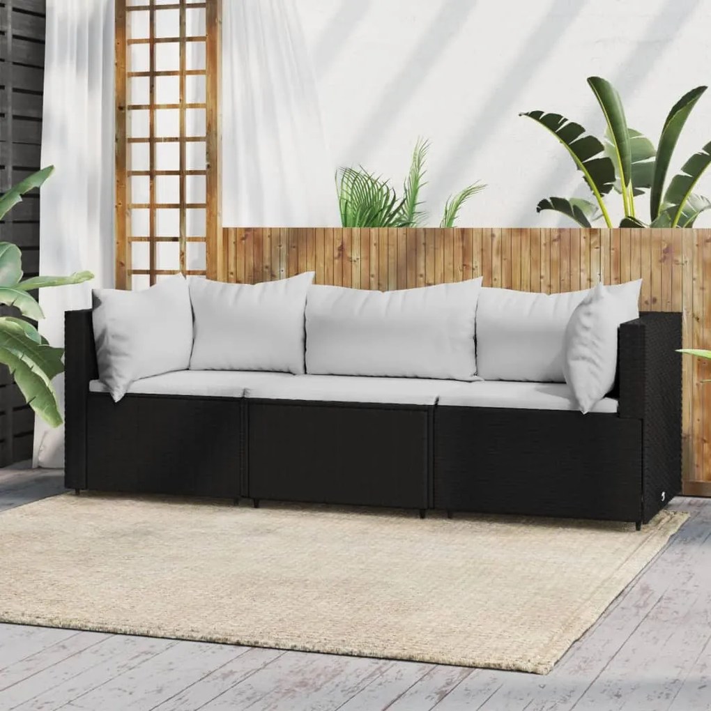 3 pcs conjunto lounge de jardim c/ almofadões vime PE preto