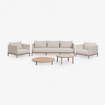 Conjunto De Sala Com Sofá De 3 Lugares, 2 Poltronas E 2 Mesas De Centro Redondas Em Madeira De Acácia Olivia Marrom Acácia Claro & Castanho Acacia Cla