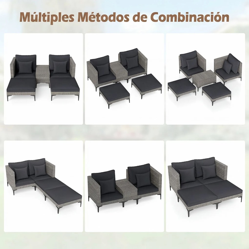 Conjunto jardim de rattan para exterior de 5 peças com mesa auxiliar, 2 sofás, 2 apoios para os pés, almofadas e travesseiros macios, modular, para pá