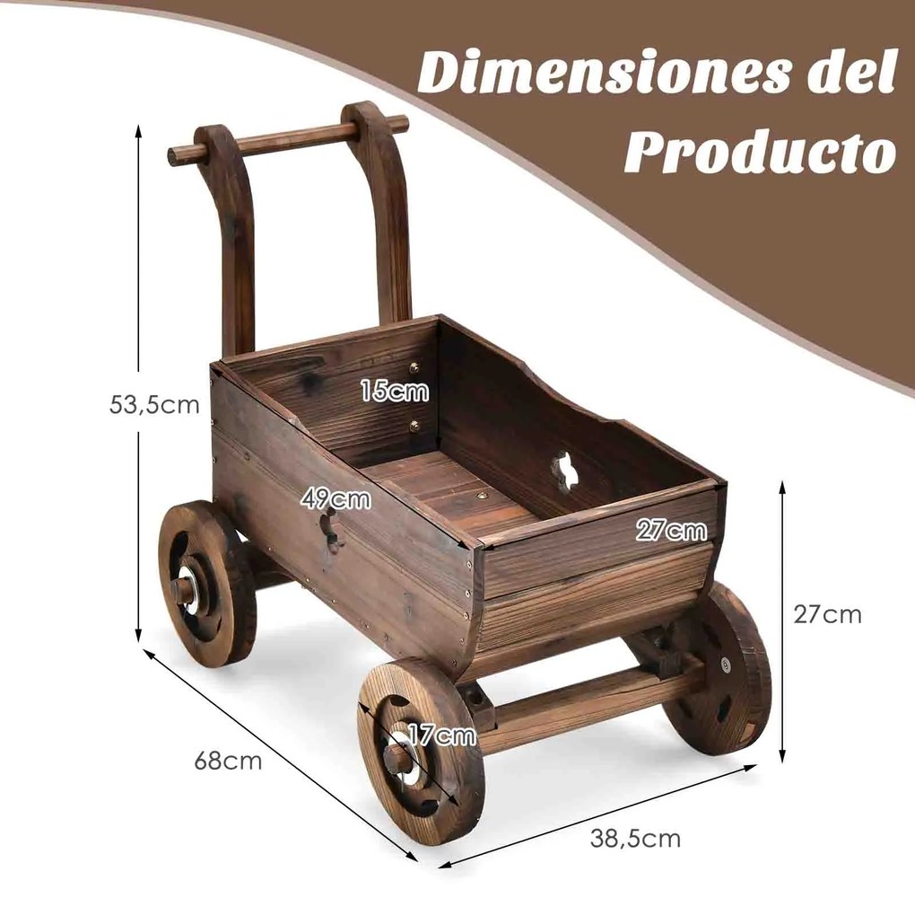 Carrinho floreira com caixa de madeira Rodas Buraco de drenagem Suporte de vasos de flores Decoração de jardim Pátio Varanda Castanho