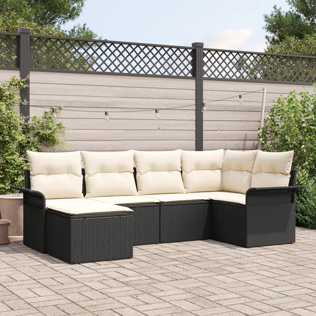Conjunto de Sofá de Jardim em 6 Peças com Almofadas Preto Rattan PE, S